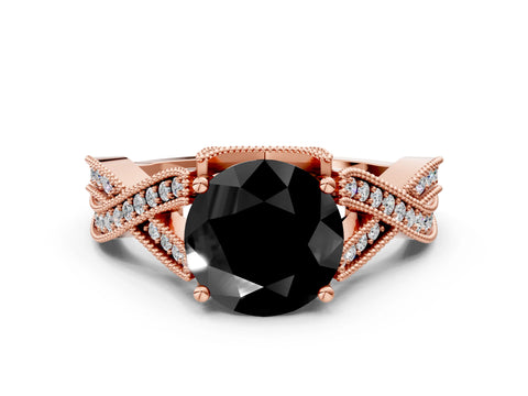 Rose gold Fancy Black Round Cut Cut Diamond Twisted Band with Milgrain Pave Setting and Four-Prong Setting