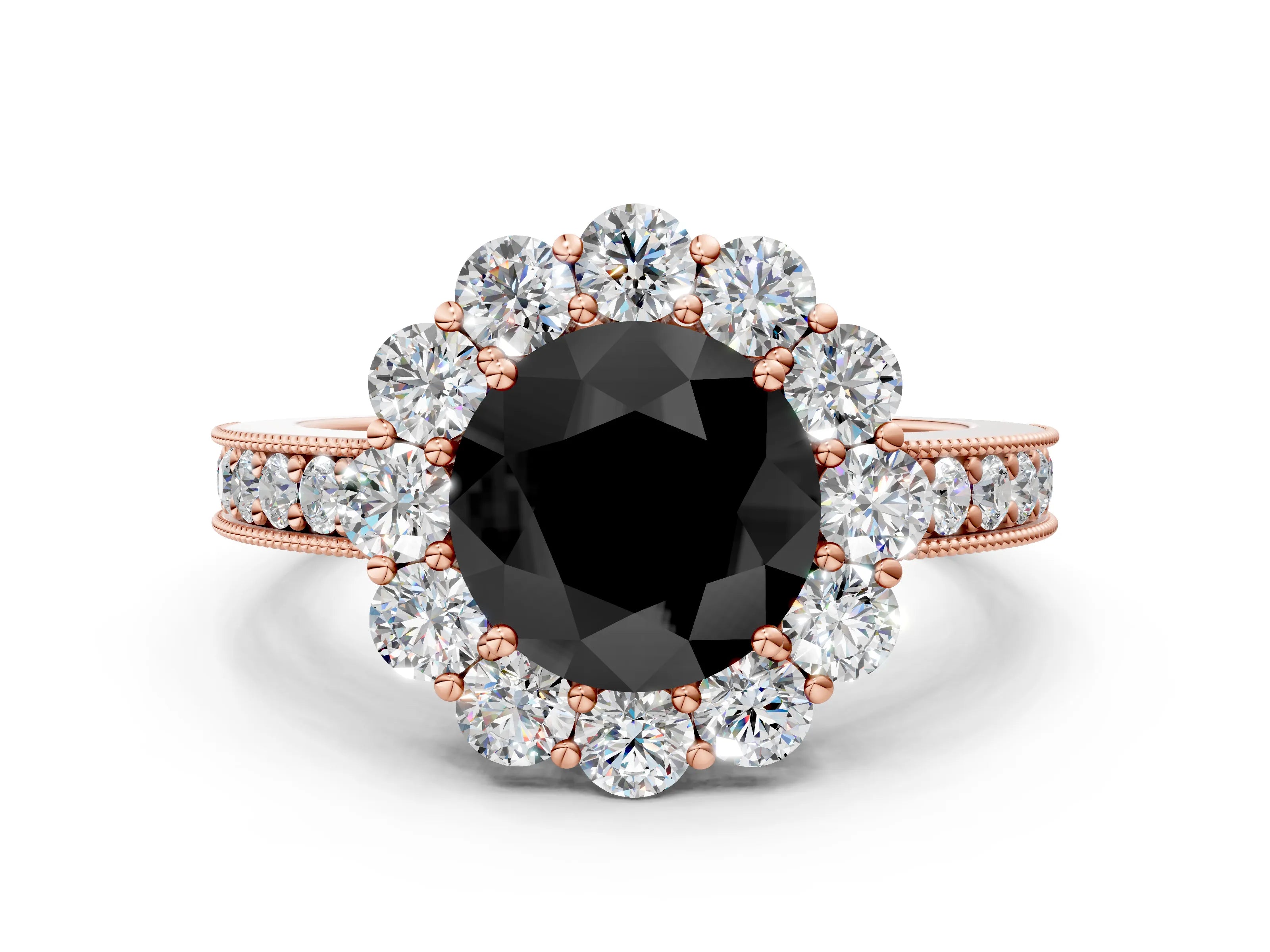Rose gold Fancy Black Round Cut Cut Halo Diamond Pavé Engagement Ring with Milgrain Detailing