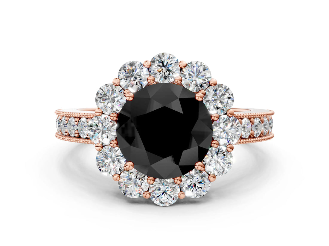 Rose gold Fancy Black Round Cut Cut Halo Diamond Pavé Engagement Ring with Milgrain Detailing