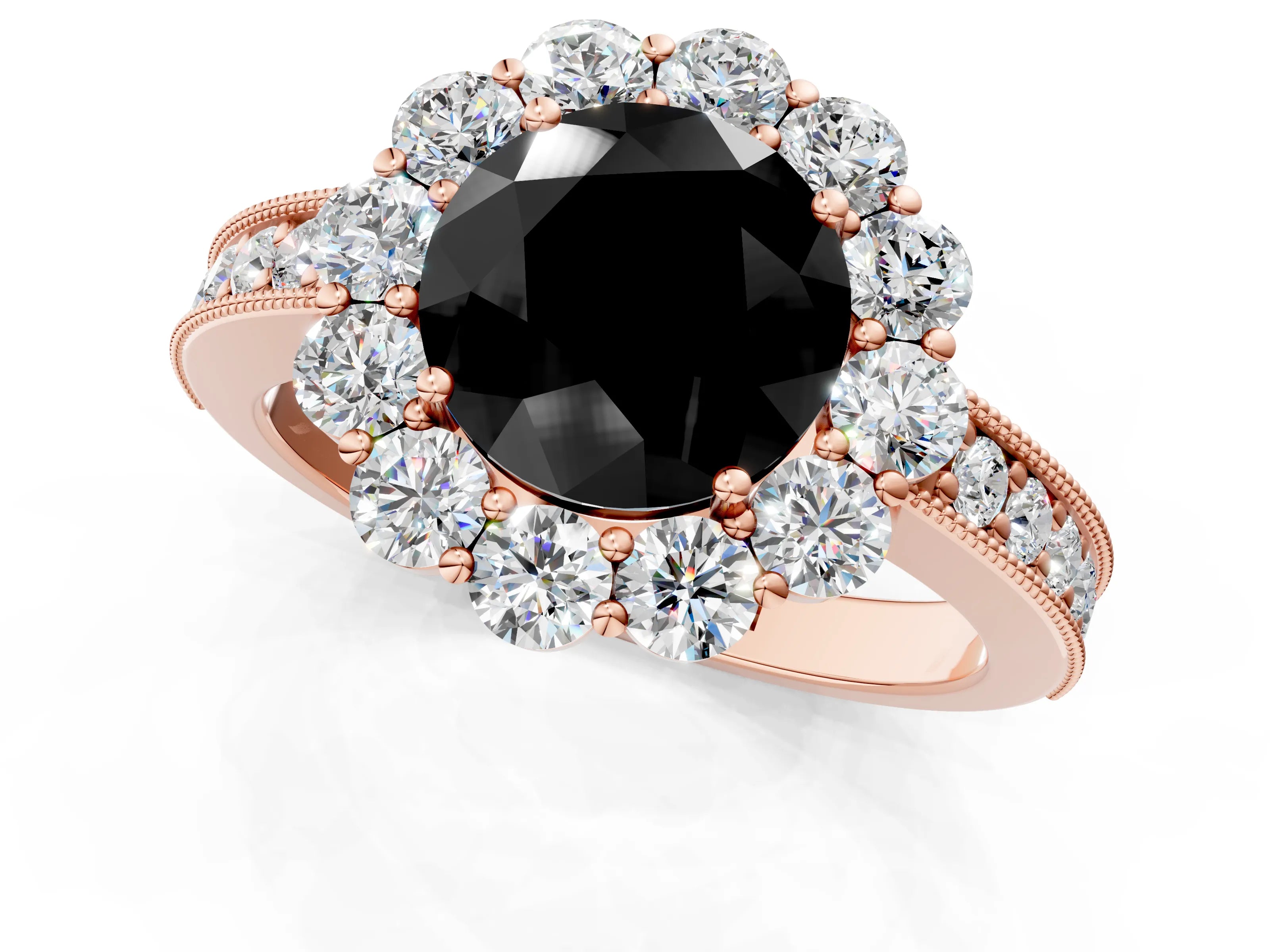 Rose gold Fancy Black Round Cut Cut Halo Diamond Pavé Engagement Ring with Milgrain Detailing_1