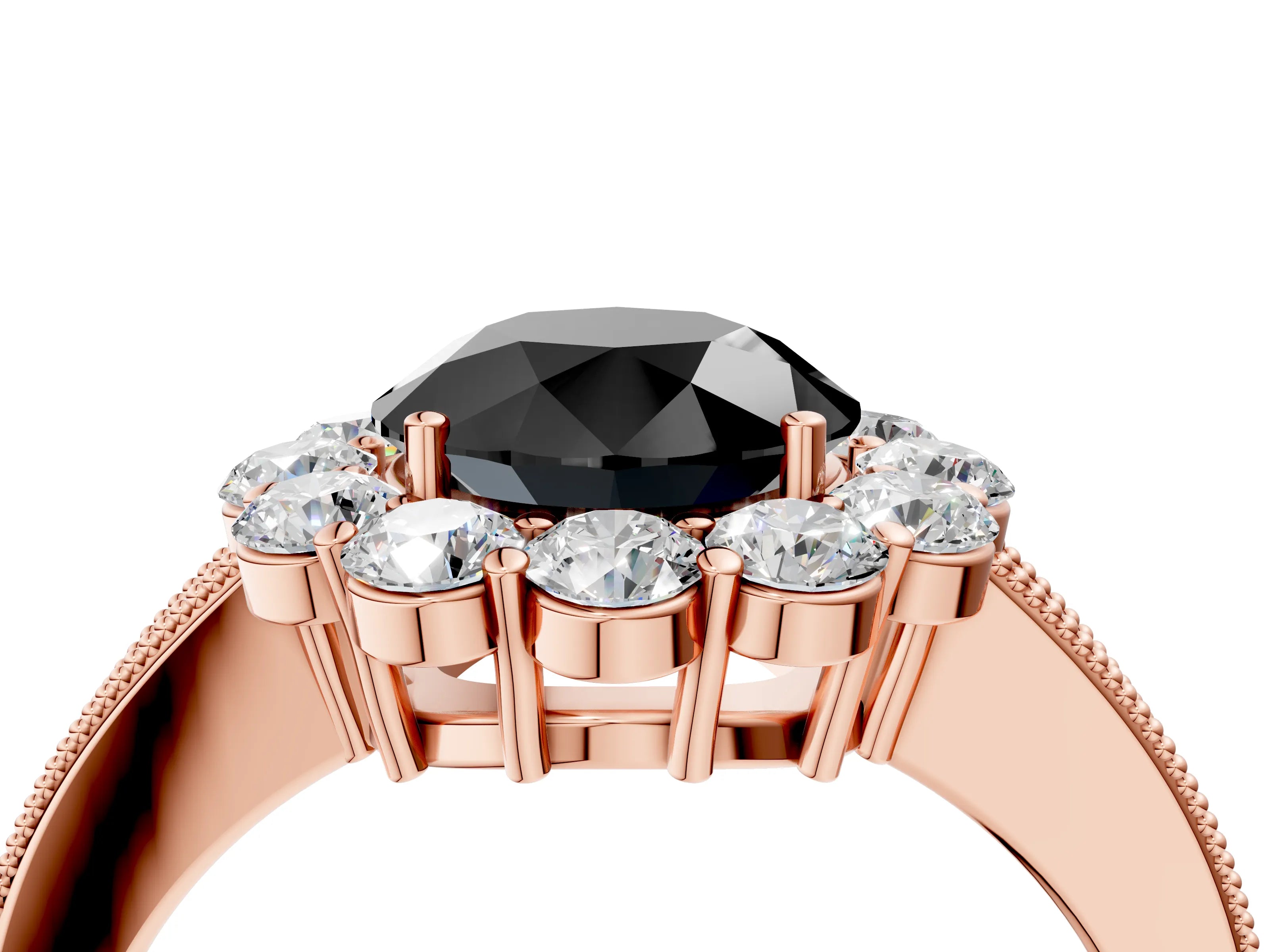 Rose gold Fancy Black Round Cut Cut Halo Diamond Pavé Engagement Ring with Milgrain Detailing_4