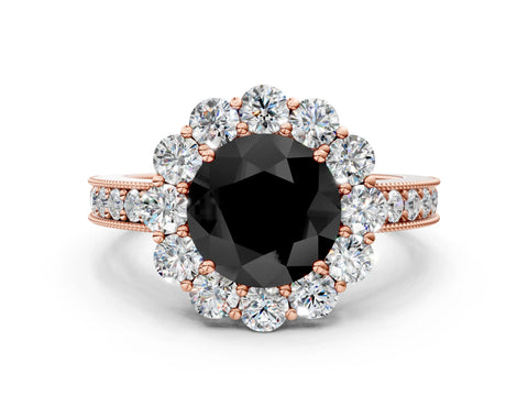 Rose gold Fancy Black Round Cut Cut Halo Diamond Pavé Engagement Ring with Milgrain Detailing