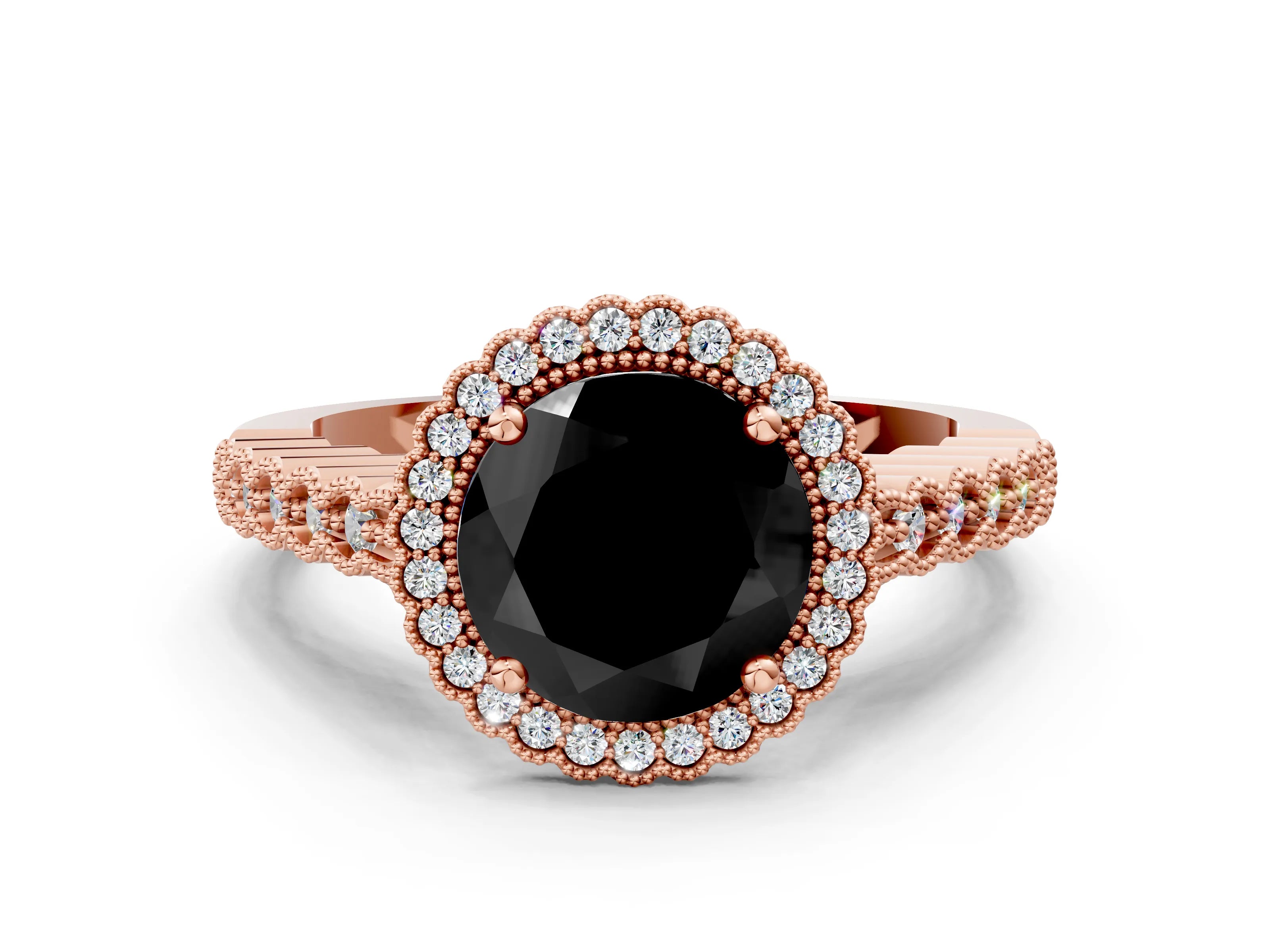 Rose gold Fancy Black Round Cut Cut Halo Pavé Solitaire Ring with Milgrain Band