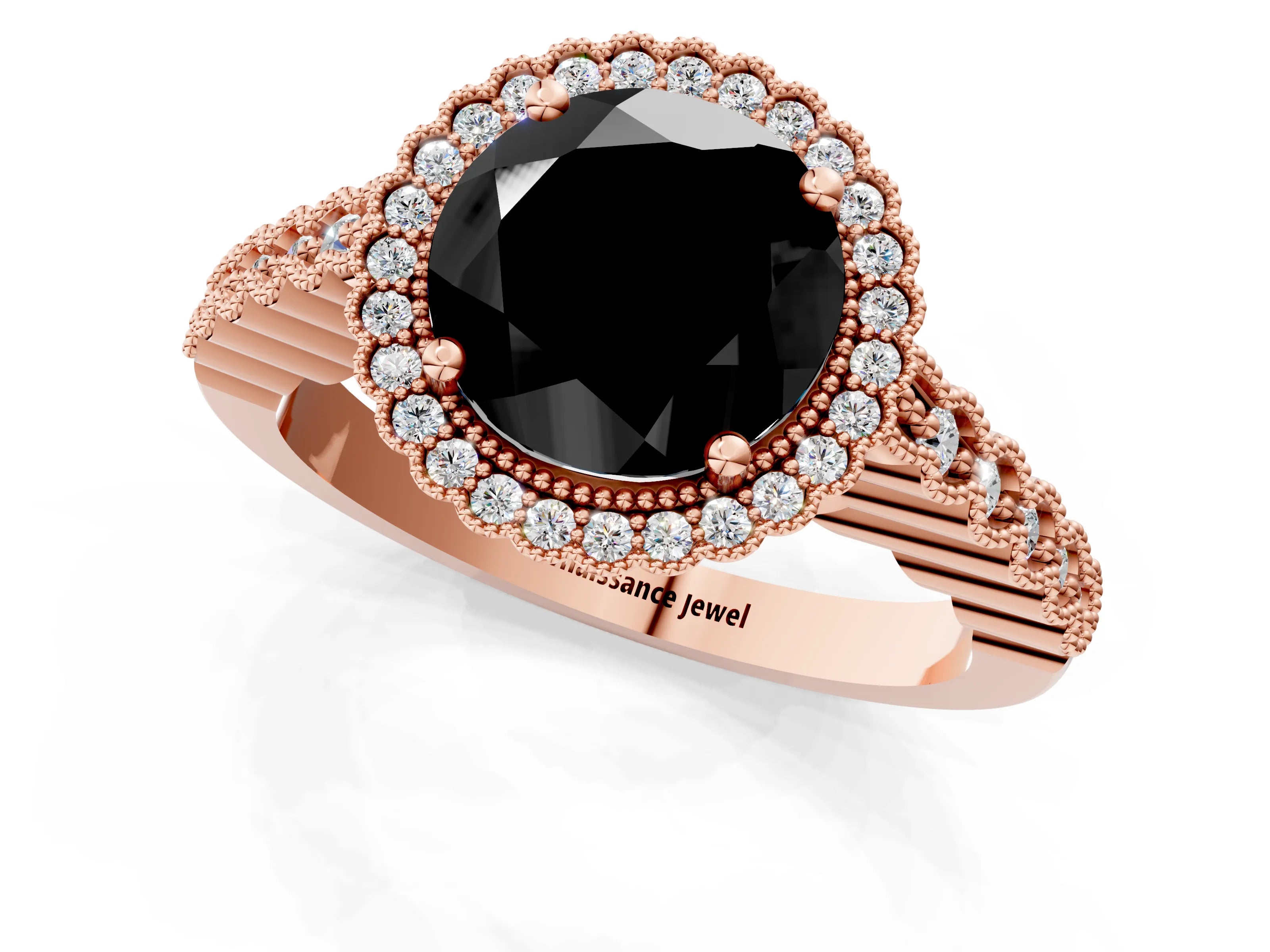Rose gold Fancy Black Round Cut Cut Halo Pavé Solitaire Ring with Milgrain Band_1