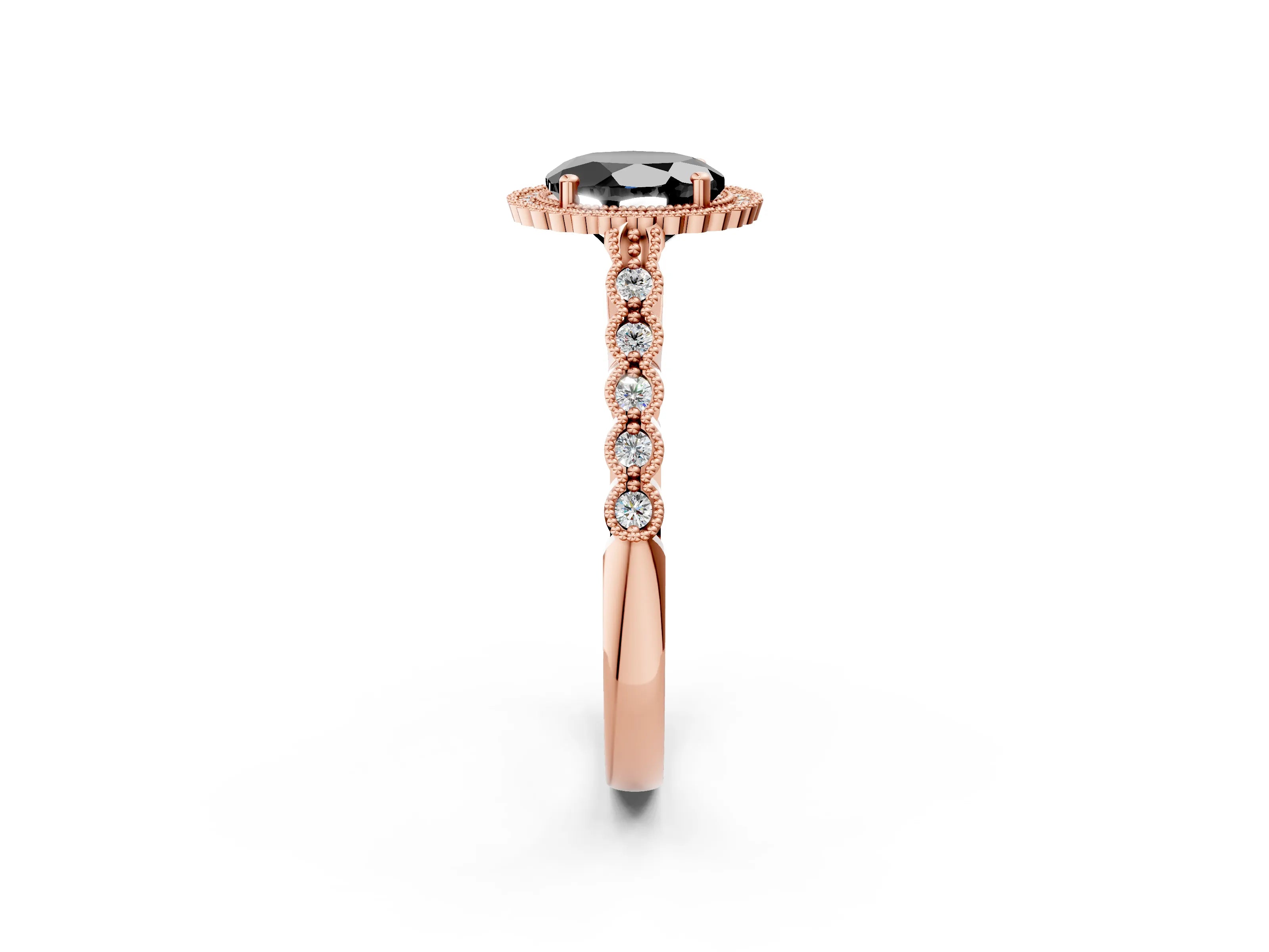 Rose gold Fancy Black Round Cut Cut Halo Pavé Solitaire Ring with Milgrain Band_2