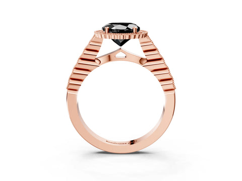 Rose gold Fancy Black Round Cut Cut Halo Pavé Solitaire Ring with Milgrain Band_3