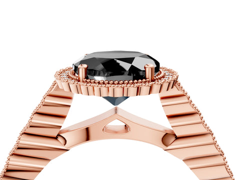 Rose gold Fancy Black Round Cut Cut Halo Pavé Solitaire Ring with Milgrain Band_4