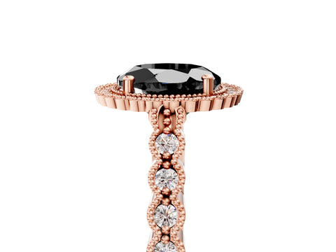 Rose gold Fancy Black Round Cut Cut Halo Pavé Solitaire Ring with Milgrain Band_5