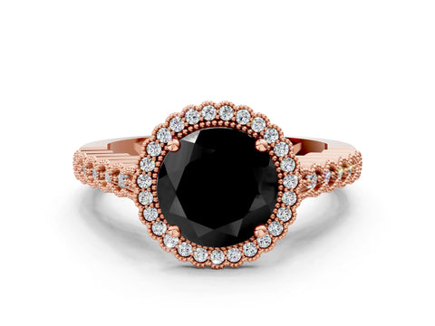 Rose gold Fancy Black Round Cut Cut Halo Pavé Solitaire Ring with Milgrain Band
