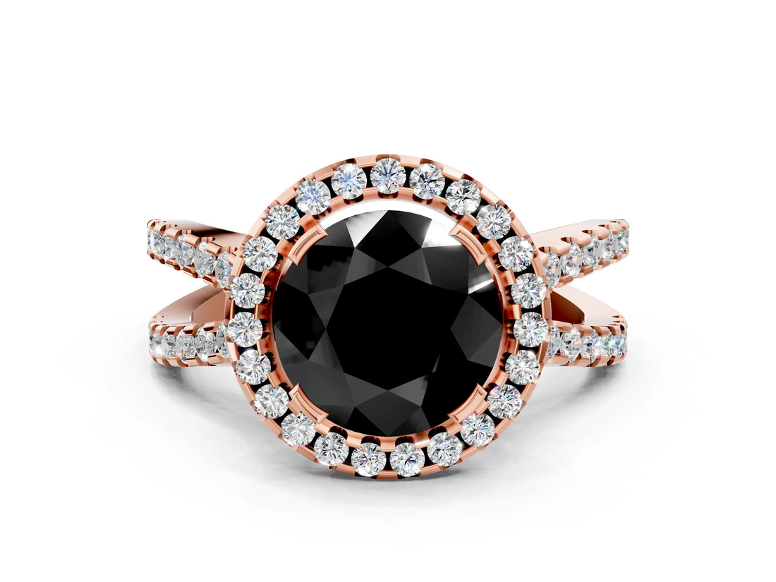 Rose gold Fancy Black Round Cut Cut Halo Split Shank Pave Set Ring