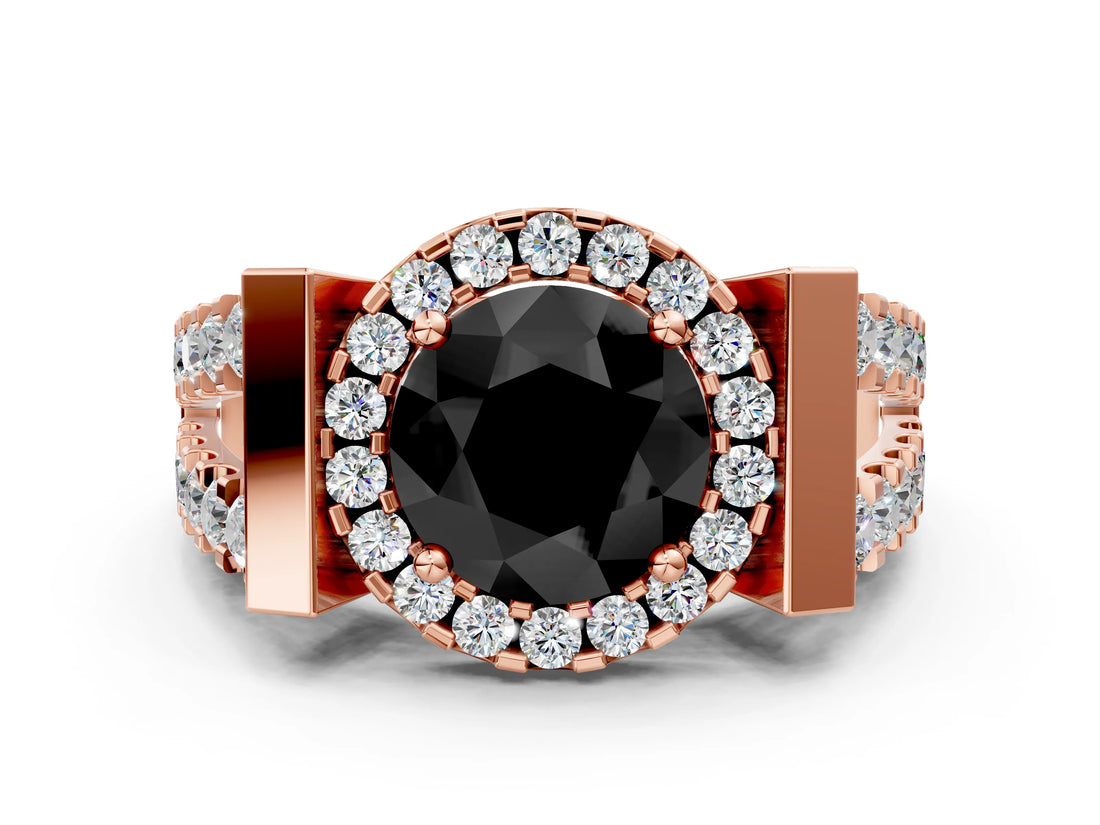 Rose gold Fancy Black Round Cut Cut Halo Split Shank Prong Set Ring