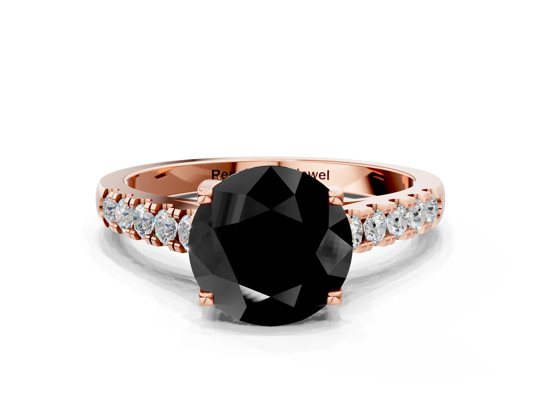 Rose gold Fancy Black Round Cut Cut Pavé Band Solitaire Ring with Four-Prong Setting