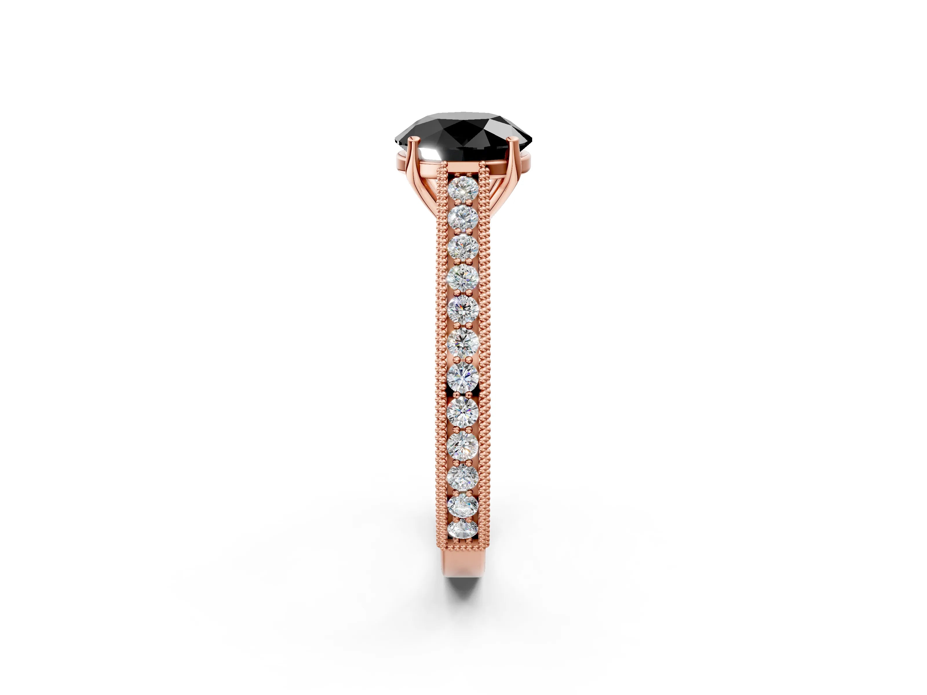 Rose gold Fancy Black Round Cut Cut Pave Band Milgrain Solitaire Ring_10