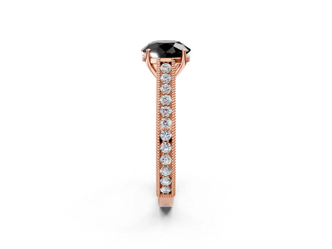 Rose gold Fancy Black Round Cut Cut Pave Band Milgrain Solitaire Ring_10