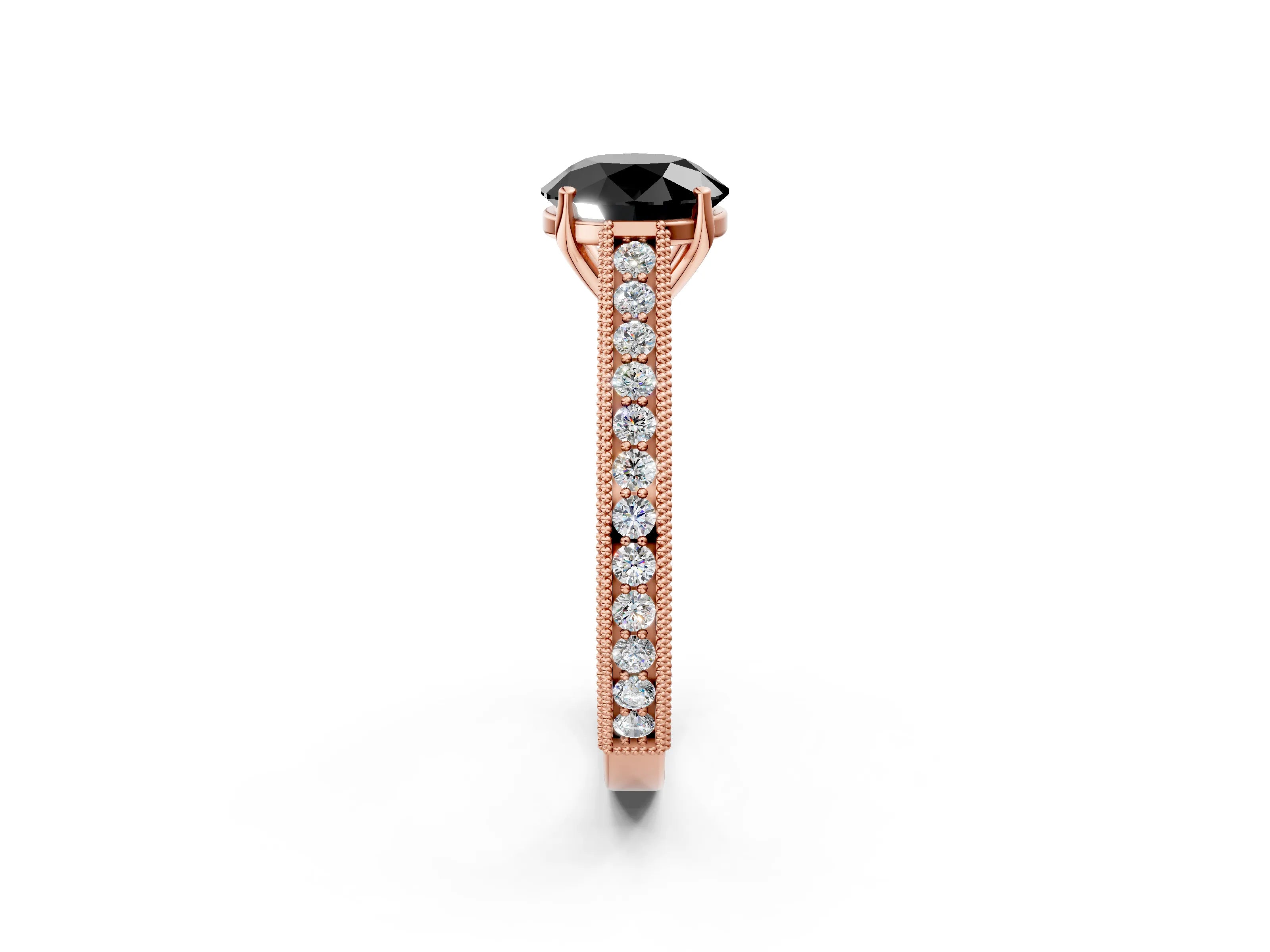 Rose gold Fancy Black Round Cut Cut Pave Band Milgrain Solitaire Ring_25