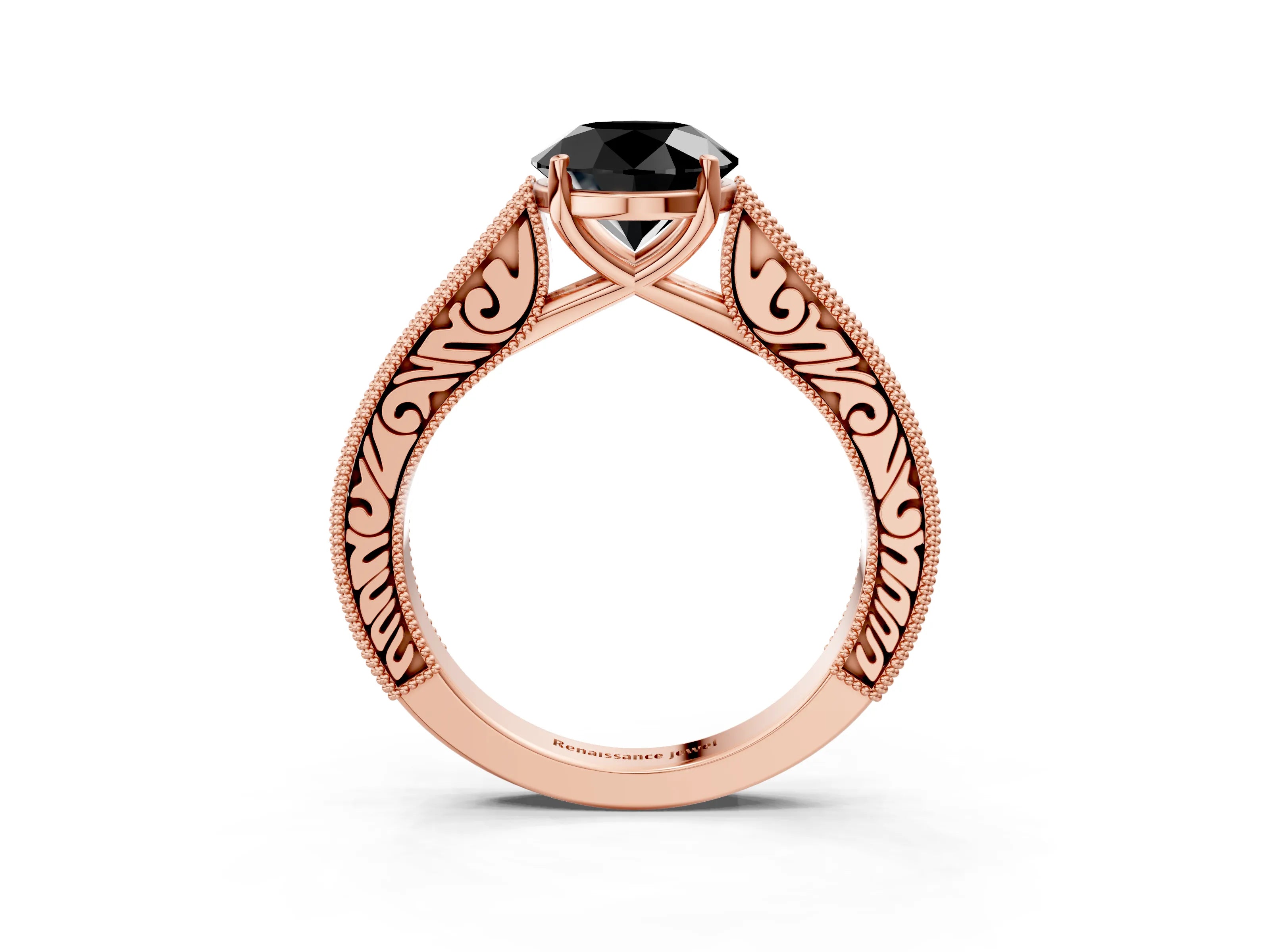 Rose gold Fancy Black Round Cut Cut Pave Band Milgrain Solitaire Ring_26