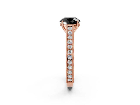 Rose gold Fancy Black Round Cut Cut Pave Band Milgrain Solitaire Ring_2