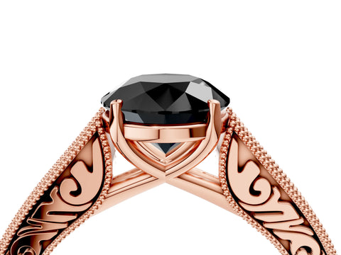 Rose gold Fancy Black Round Cut Cut Pave Band Milgrain Solitaire Ring_4