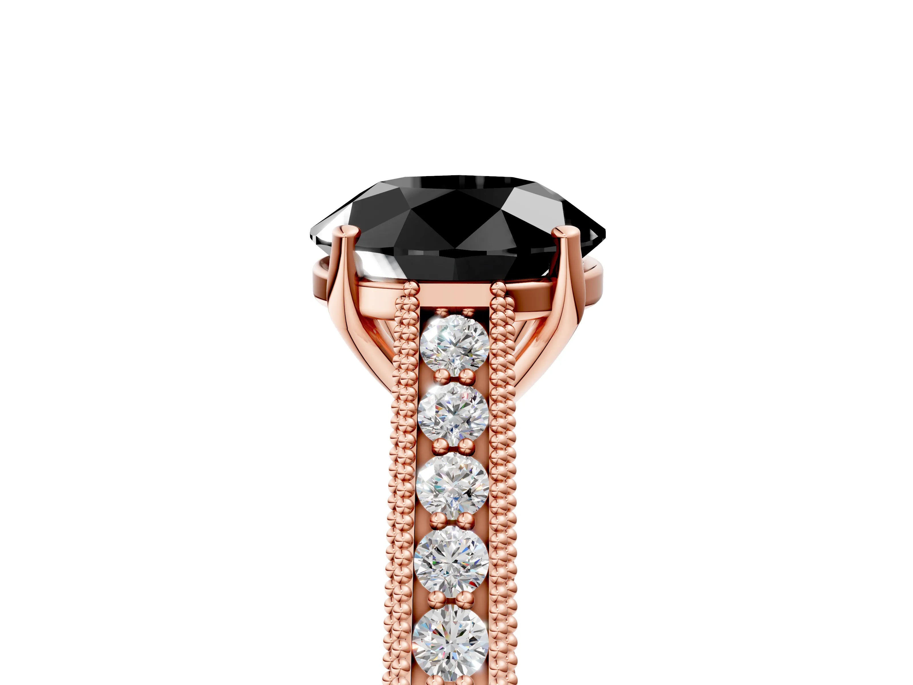 Rose gold Fancy Black Round Cut Cut Pave Band Milgrain Solitaire Ring_5