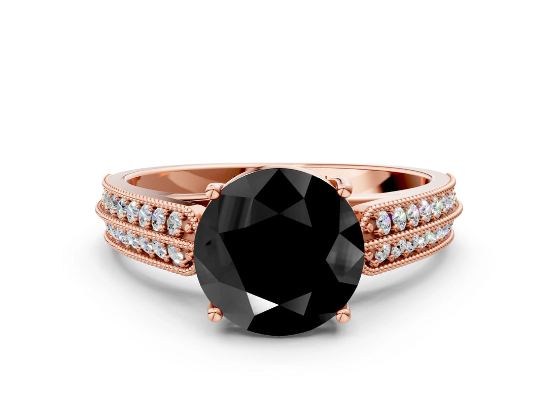 Rose gold Fancy Black Round Cut Cut Pave Split Shank Engagement Ring with Four-Prong Setting