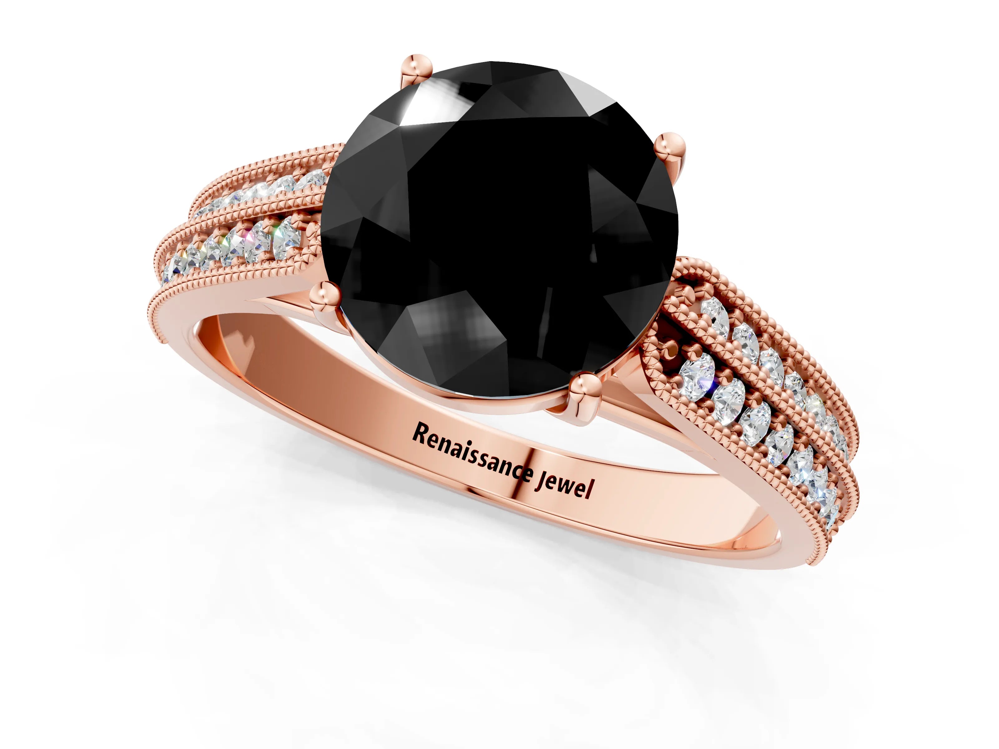 Rose gold Fancy Black Round Cut Cut Pave Split Shank Engagement Ring with Four-Prong Setting_1