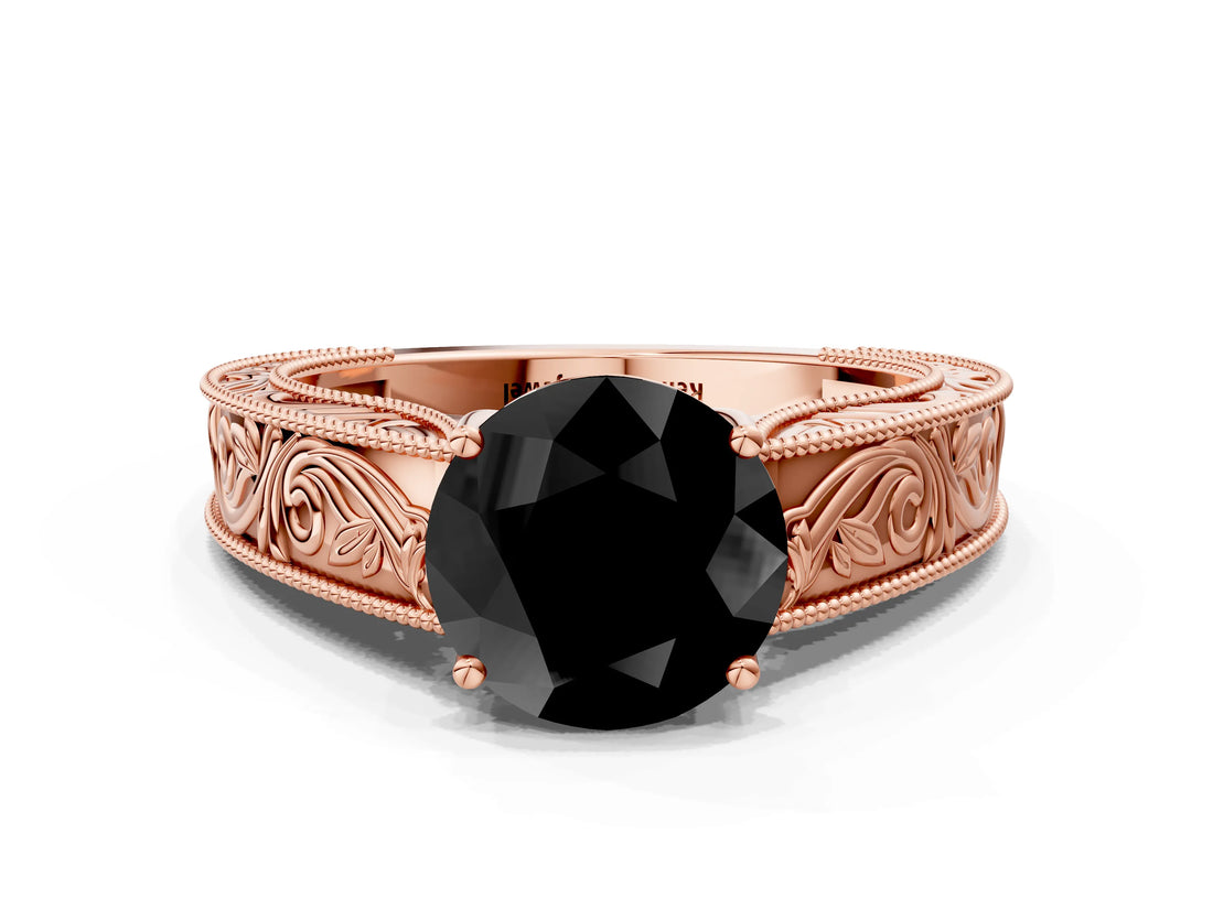 Rose gold Fancy Black Round Cut Cut Solitaire Engraved Band with Four-Prong Setting