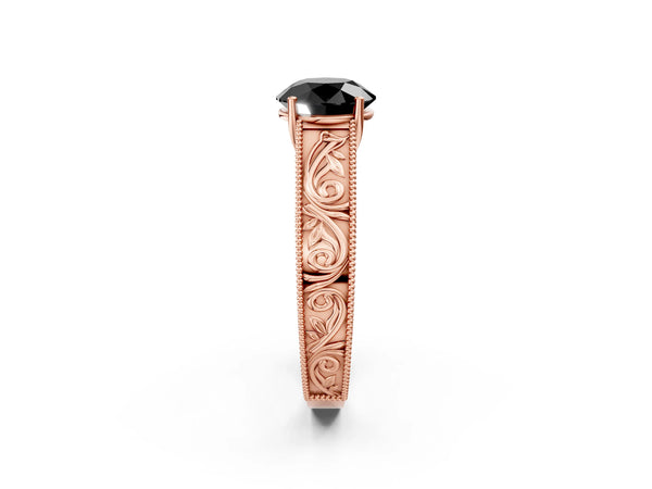 Rose Gold Round Vintage Engraved Solitaire Engagement Ring Setting for Black Center