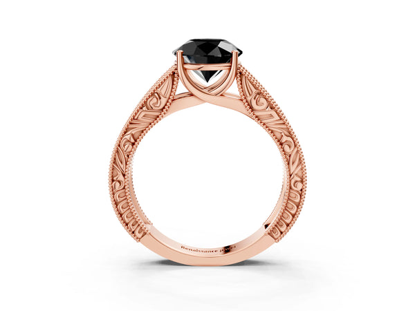 Rose Gold Round Vintage Engraved Solitaire Engagement Ring Setting for Black Center