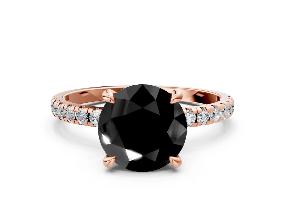 Rose gold Fancy Black Round Cut Diamond Brilliant Solitaire Ring with Pavé Band and Four-Prong Setting_18