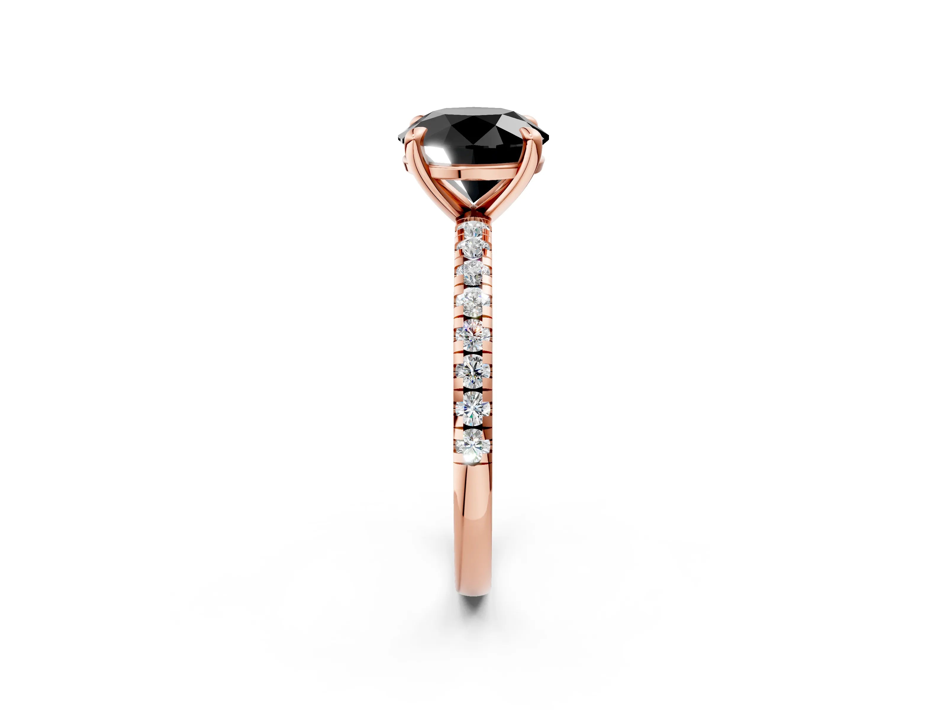 Rose gold Fancy Black Round Cut Diamond Brilliant Solitaire Ring with Pavé Band and Four-Prong Setting_2