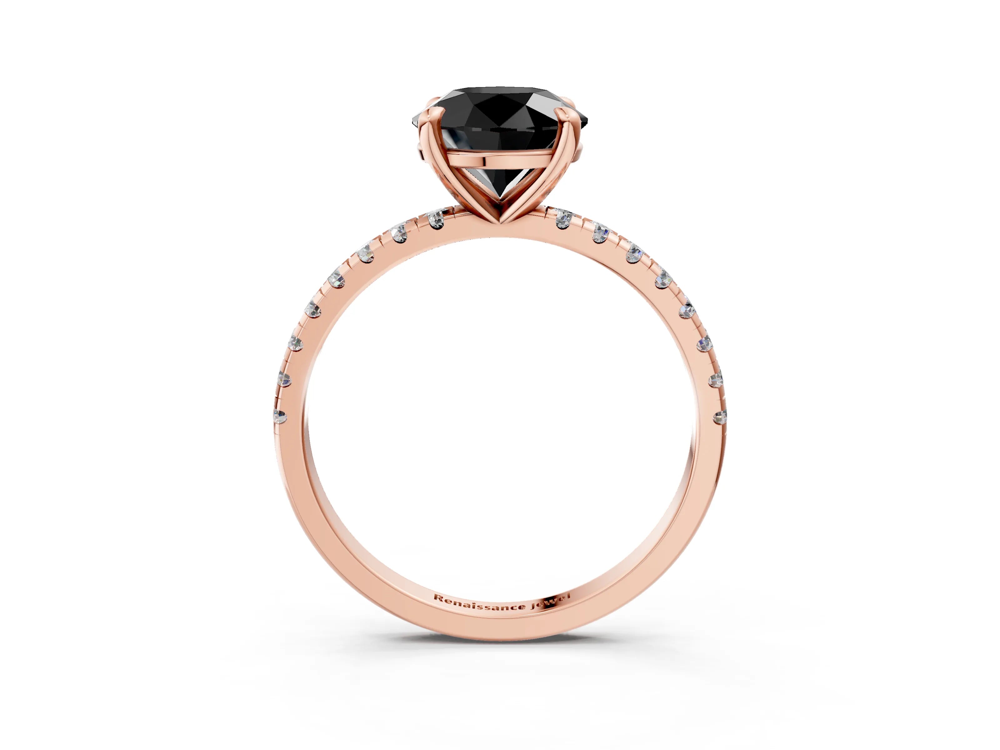 Rose gold Fancy Black Round Cut Diamond Brilliant Solitaire Ring with Pavé Band and Four-Prong Setting_3