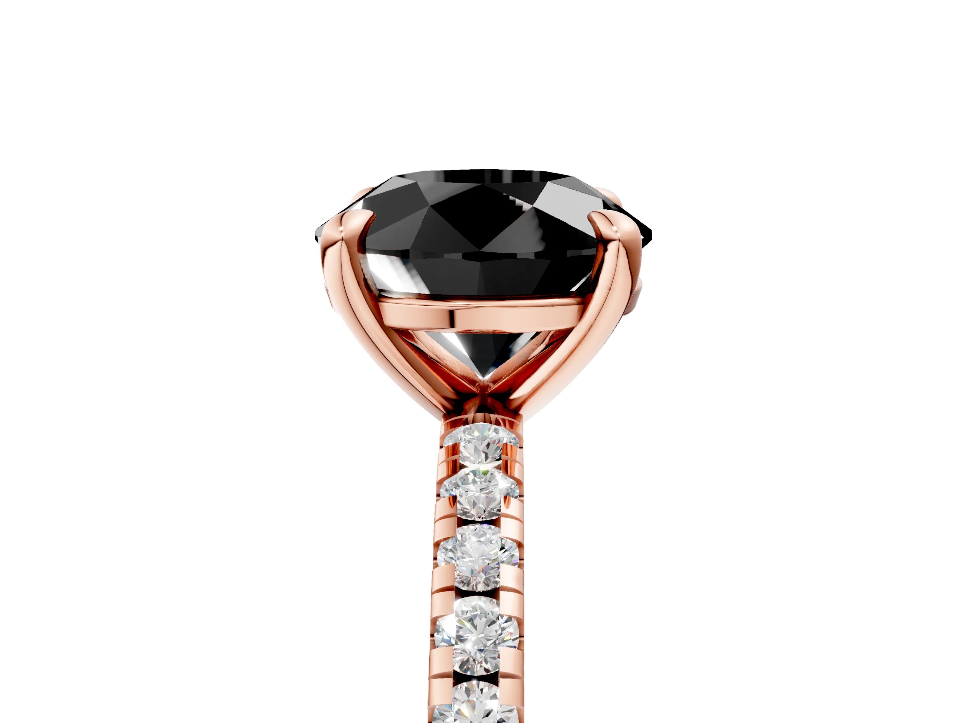 Rose gold Fancy Black Round Cut Diamond Brilliant Solitaire Ring with Pavé Band and Four-Prong Setting_5