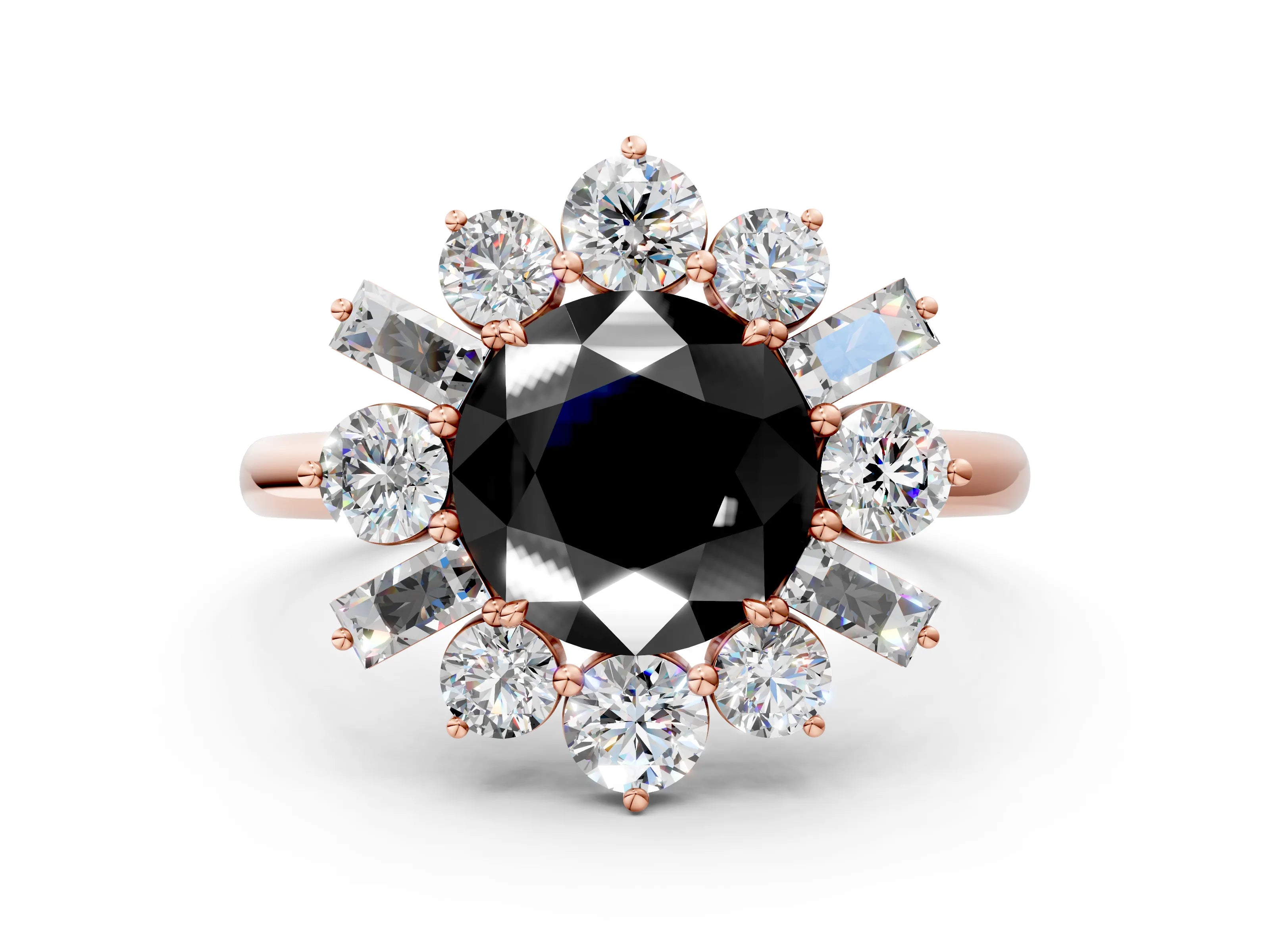 Rose gold Fancy Black Round Cut Diamond Cluster Ring with Round and Baguette Stones, Split Shank Band, Prong Setting