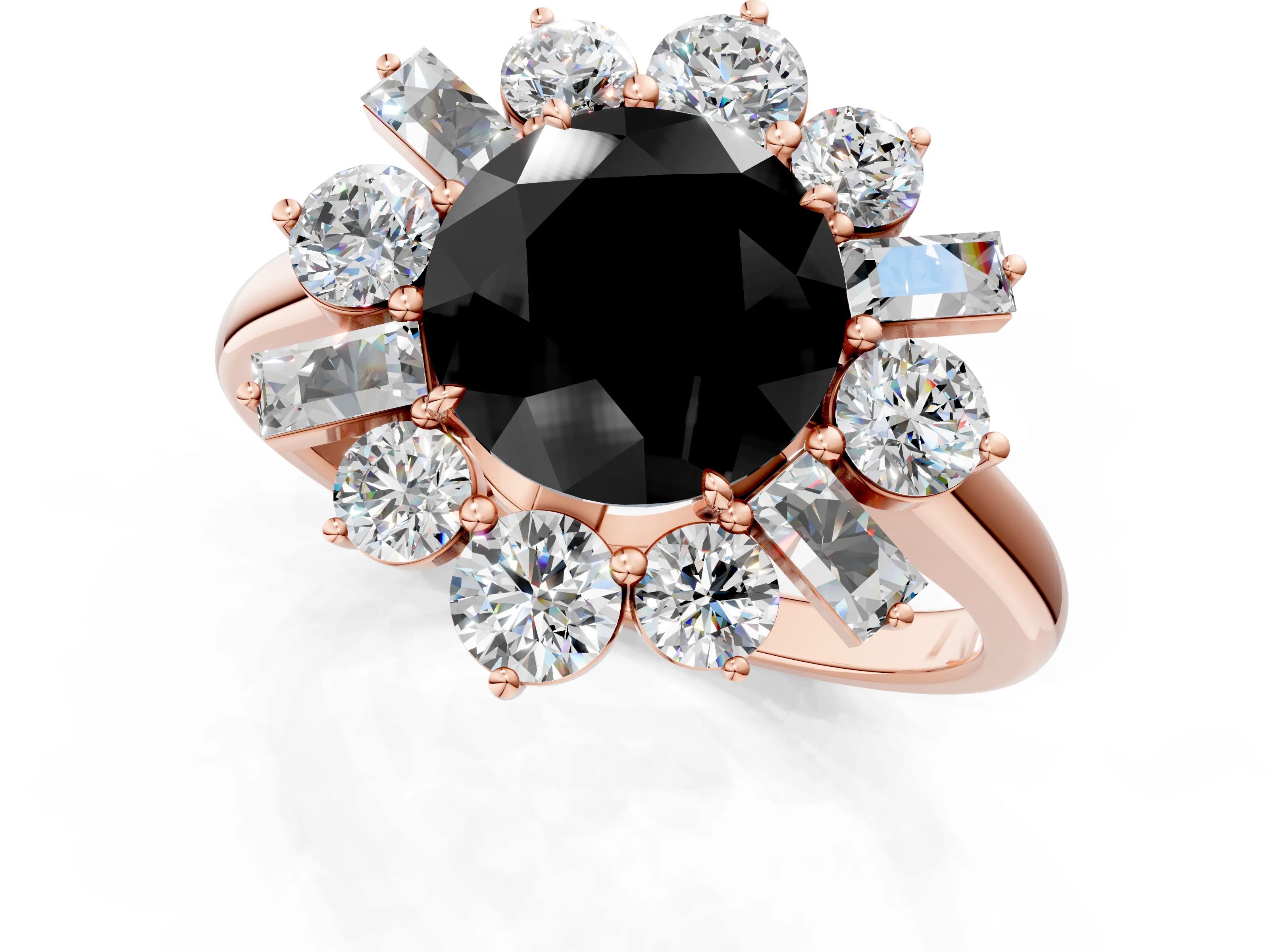 Rose gold Fancy Black Round Cut Diamond Cluster Ring with Round and Baguette Stones, Split Shank Band, Prong Setting_1