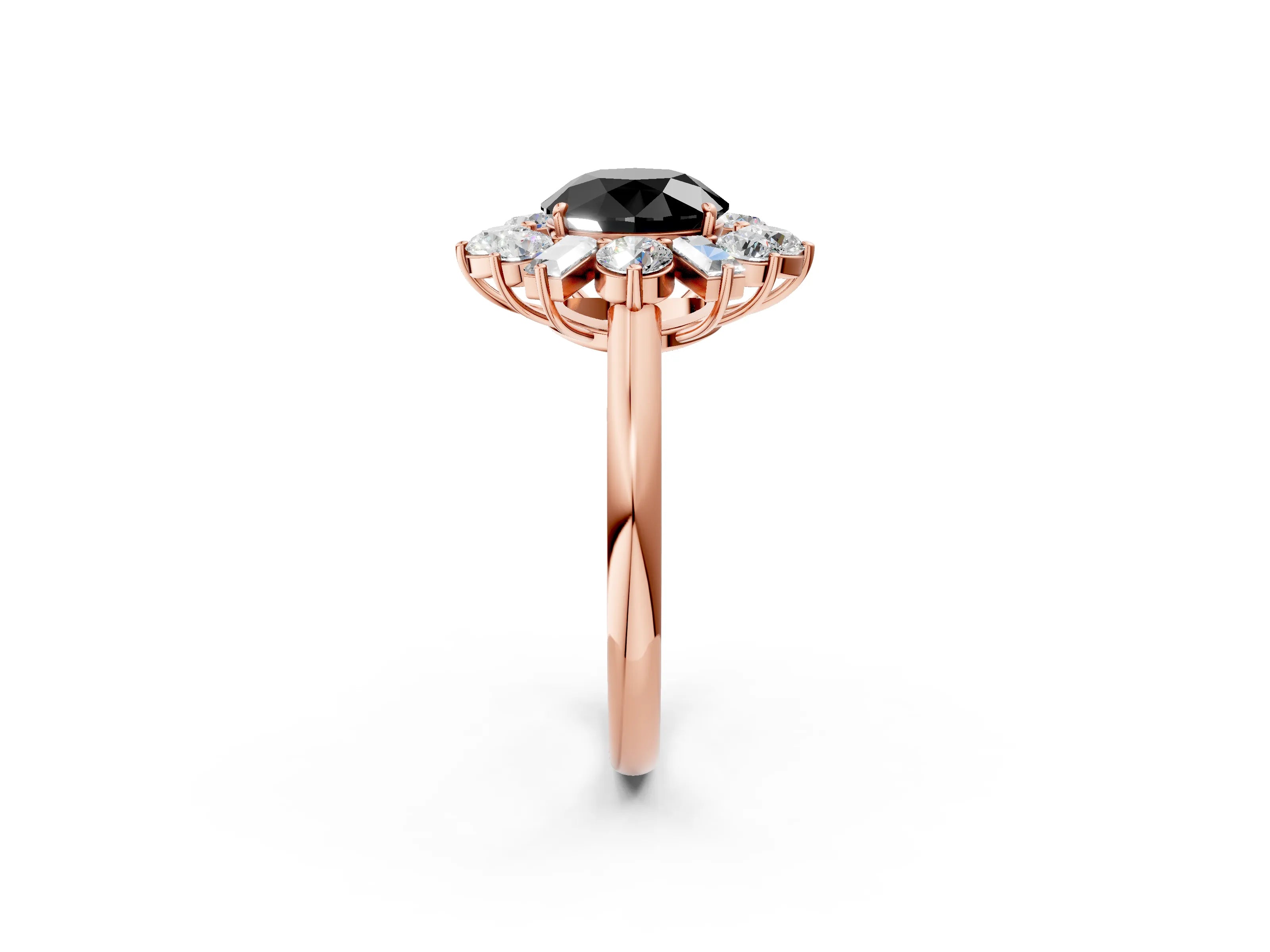Rose gold Fancy Black Round Cut Diamond Cluster Ring with Round and Baguette Stones, Split Shank Band, Prong Setting_2