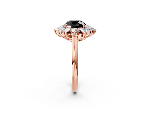Rose gold Fancy Black Round Cut Diamond Cluster Ring with Round and Baguette Stones, Split Shank Band, Prong Setting_2