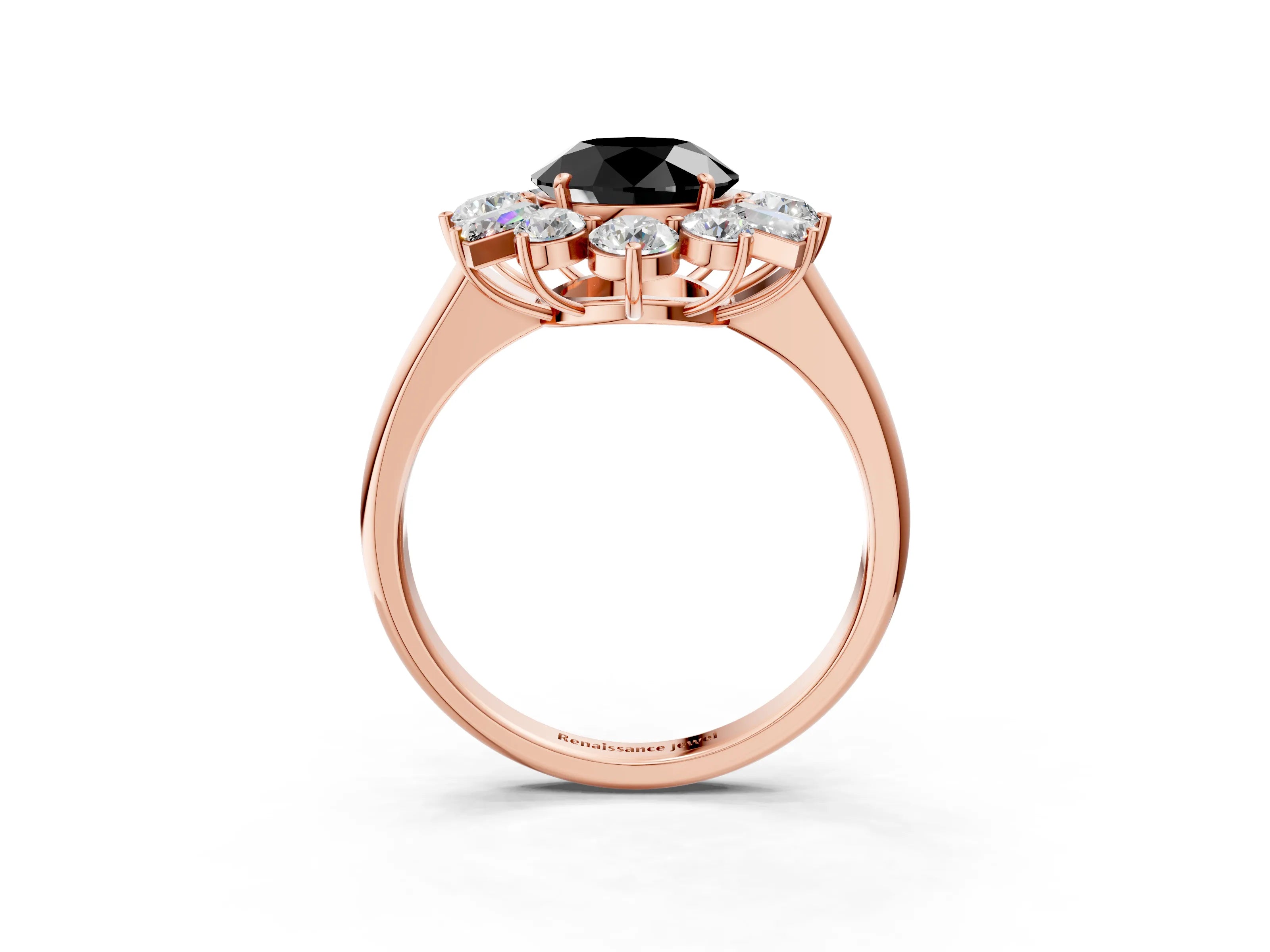 Rose gold Fancy Black Round Cut Diamond Cluster Ring with Round and Baguette Stones, Split Shank Band, Prong Setting_3