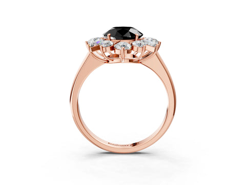 Rose gold Fancy Black Round Cut Diamond Cluster Ring with Round and Baguette Stones, Split Shank Band, Prong Setting_3