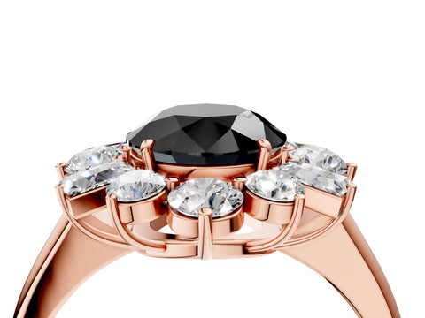 Rose gold Fancy Black Round Cut Diamond Cluster Ring with Round and Baguette Stones, Split Shank Band, Prong Setting_4