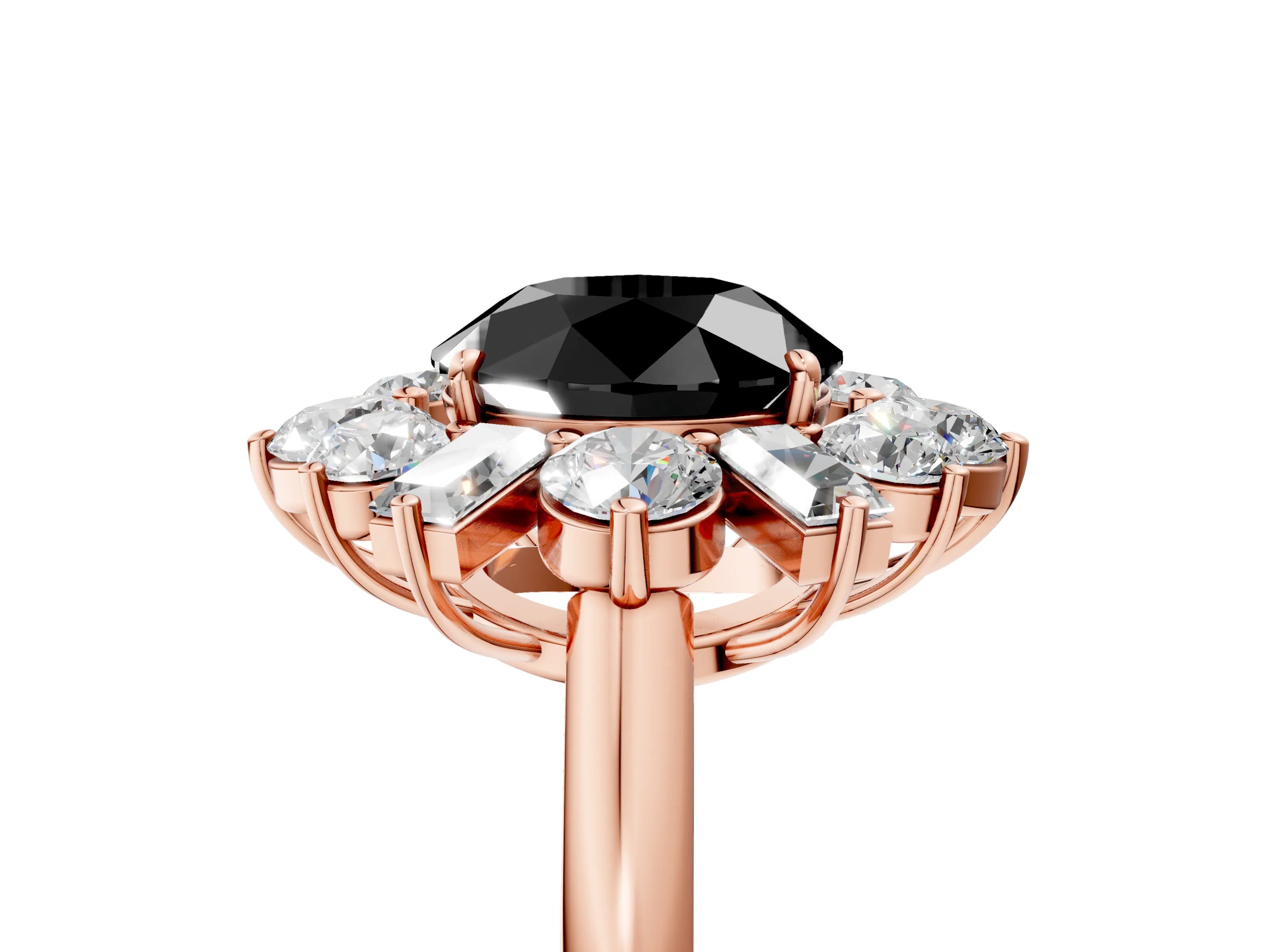 Rose gold Fancy Black Round Cut Diamond Cluster Ring with Round and Baguette Stones, Split Shank Band, Prong Setting_5