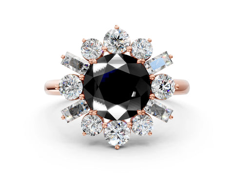 Rose gold Fancy Black Round Cut Diamond Cluster Ring with Round and Baguette Stones, Split Shank Band, Prong Setting