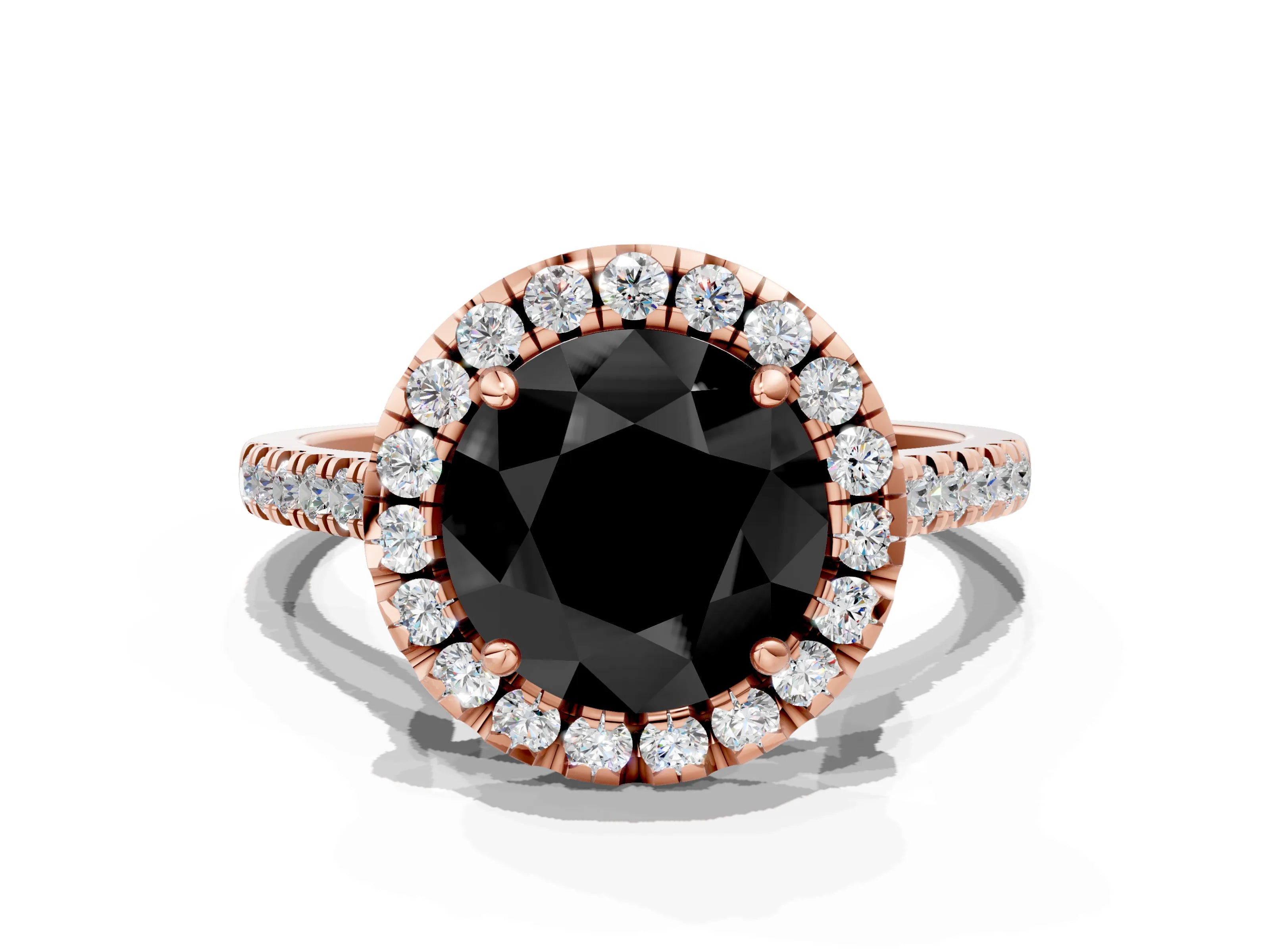 Rose gold Fancy Black Round Cut Diamond Cushion Halo Ring with Pavé Band