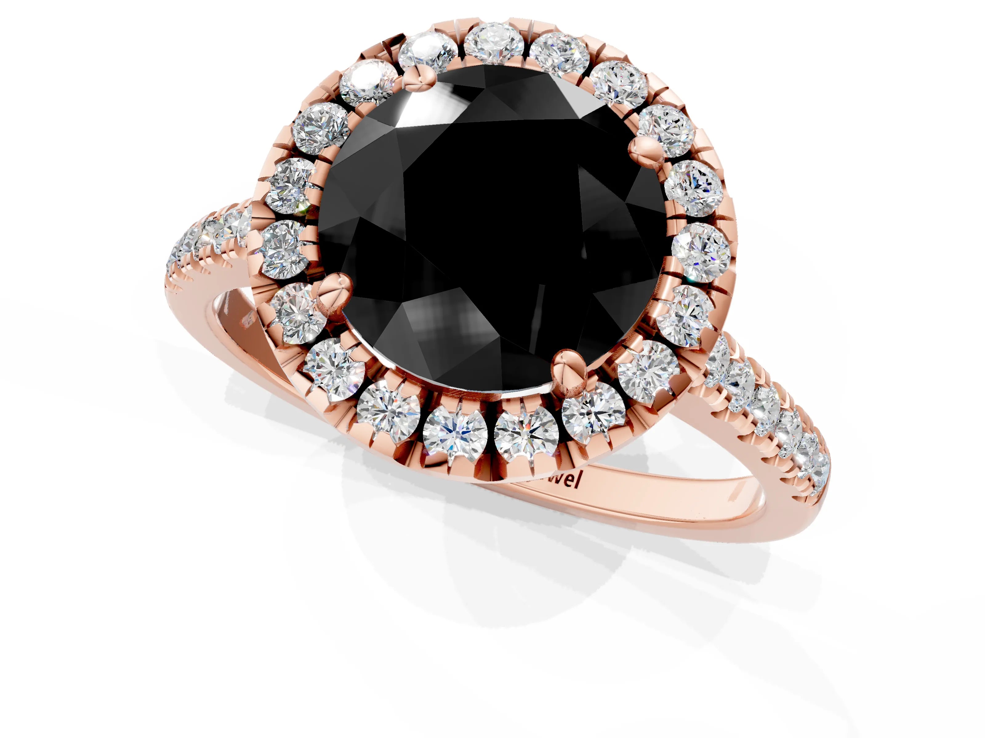 Rose gold Fancy Black Round Cut Diamond Cushion Halo Ring with Pavé Band_1