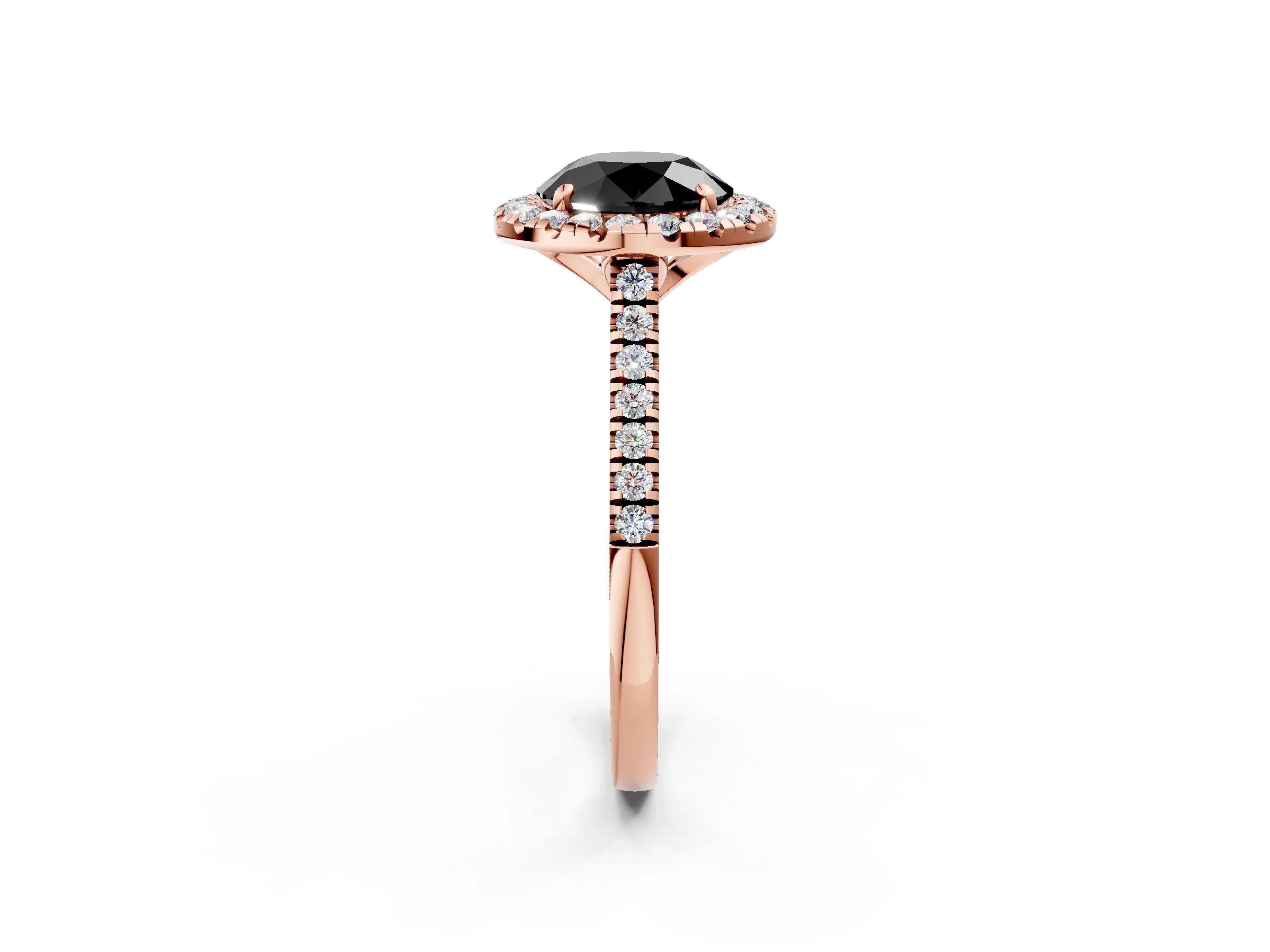 Rose gold Fancy Black Round Cut Diamond Cushion Halo Ring with Pavé Band_2