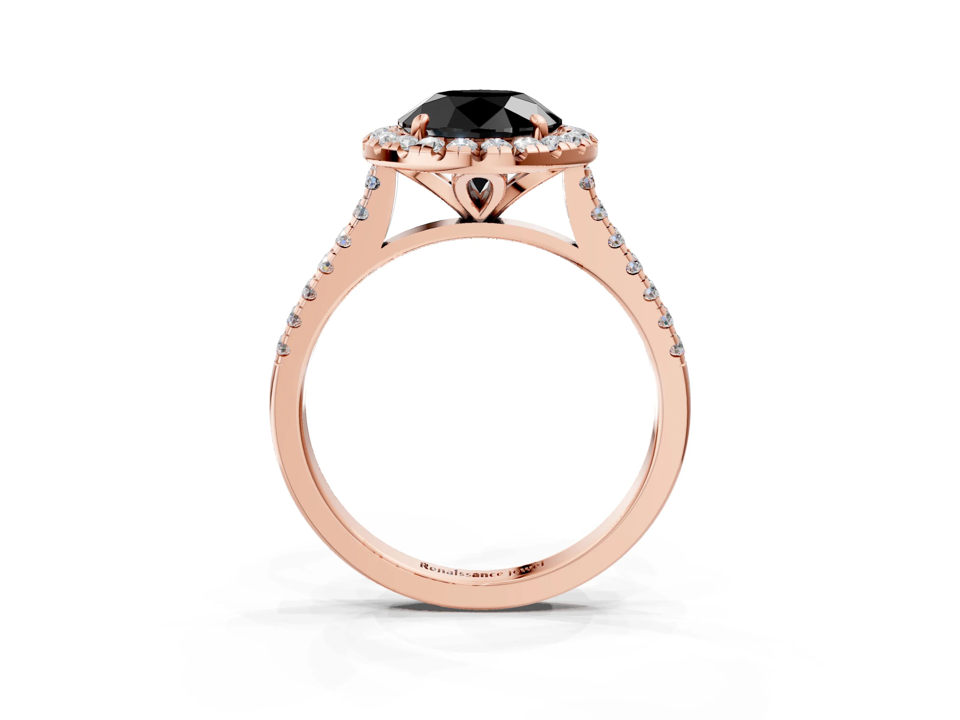 Rose gold Fancy Black Round Cut Diamond Cushion Halo Ring with Pavé Band_3
