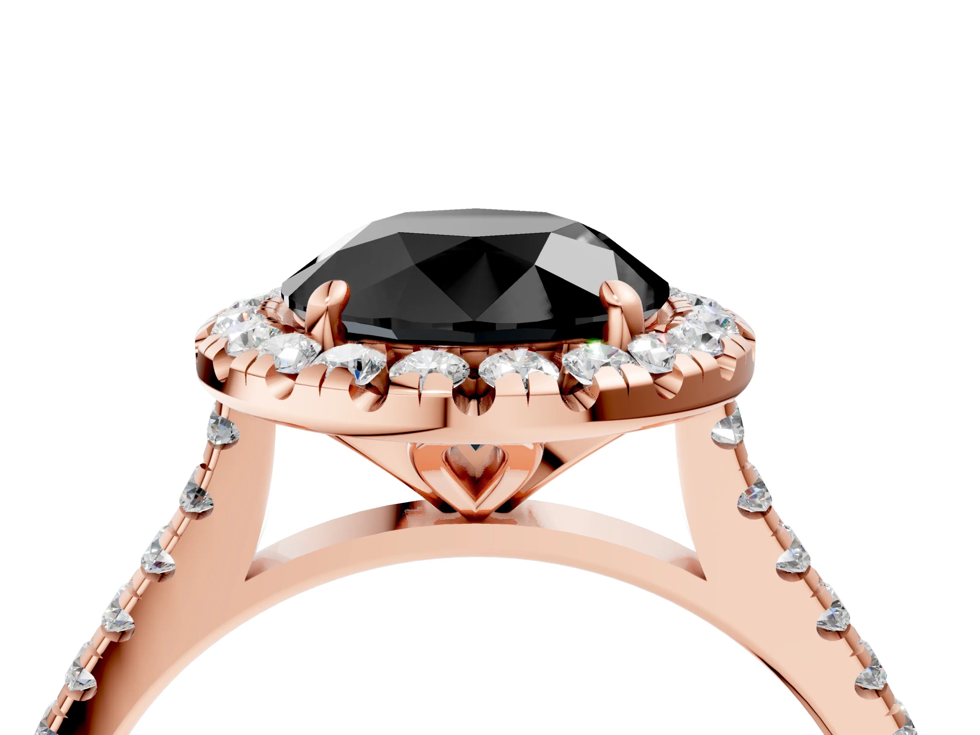 Rose gold Fancy Black Round Cut Diamond Cushion Halo Ring with Pavé Band_4