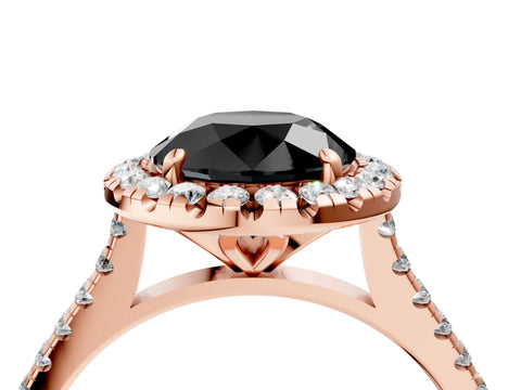 Rose gold Fancy Black Round Cut Diamond Cushion Halo Ring with Pavé Band_4