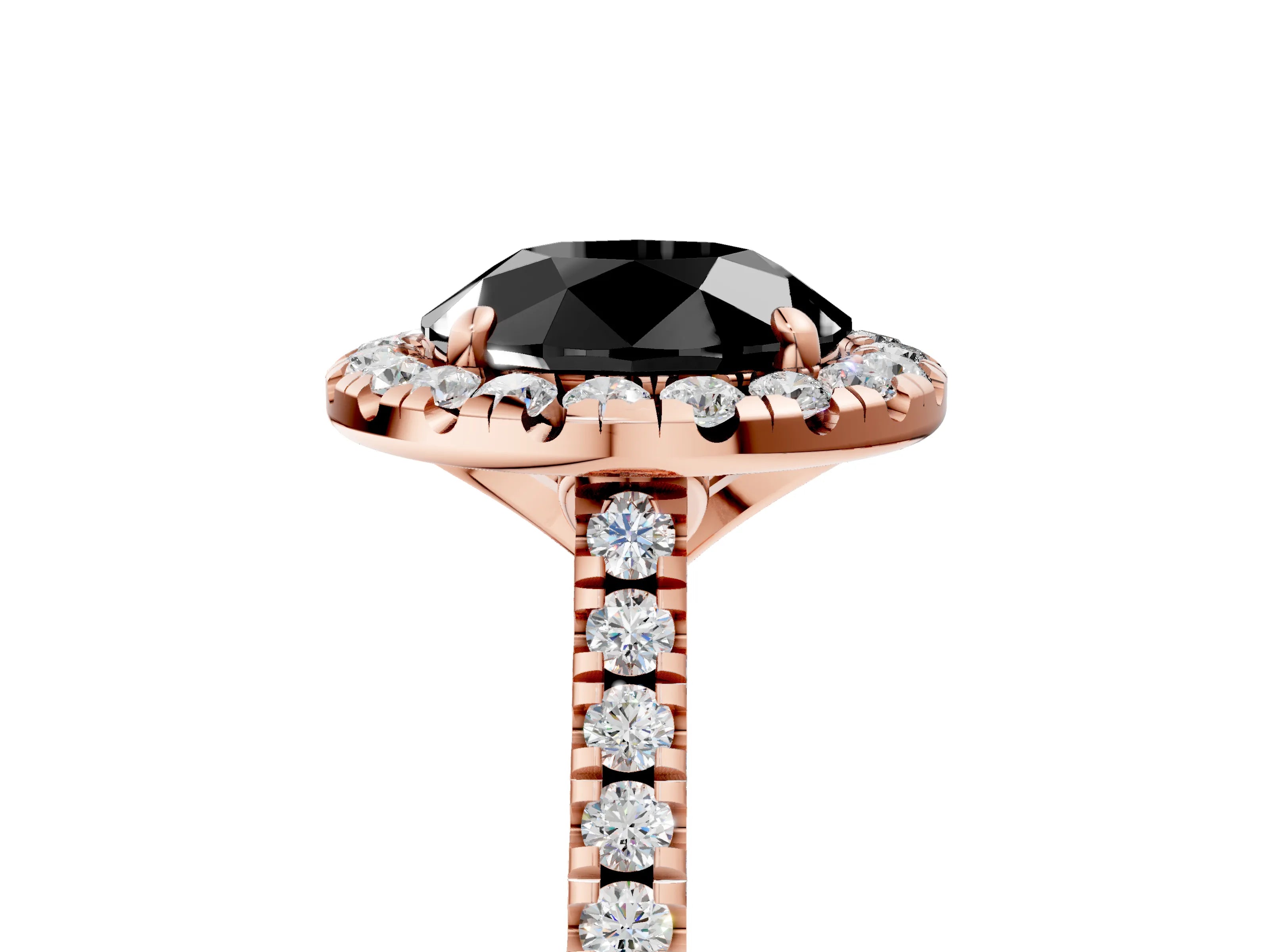 Rose gold Fancy Black Round Cut Diamond Cushion Halo Ring with Pavé Band_5