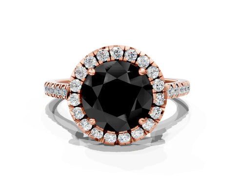 Rose gold Fancy Black Round Cut Diamond Cushion Halo Ring with Pavé Band