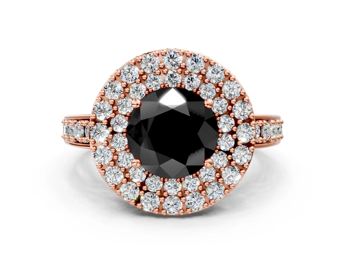 Rose gold Fancy Black Round Cut Diamond Double Halo Ring with Pavé Band and Four-Prong Setting